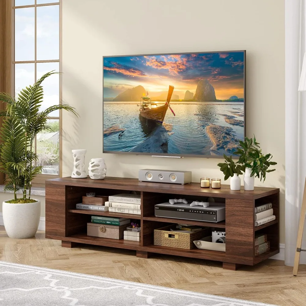Modern TV Stand for TVs up to 65 Inch, Wood Entertainment Center w/ 8 Open Storage & Adjustable Shelves, Television Stands w/ 4