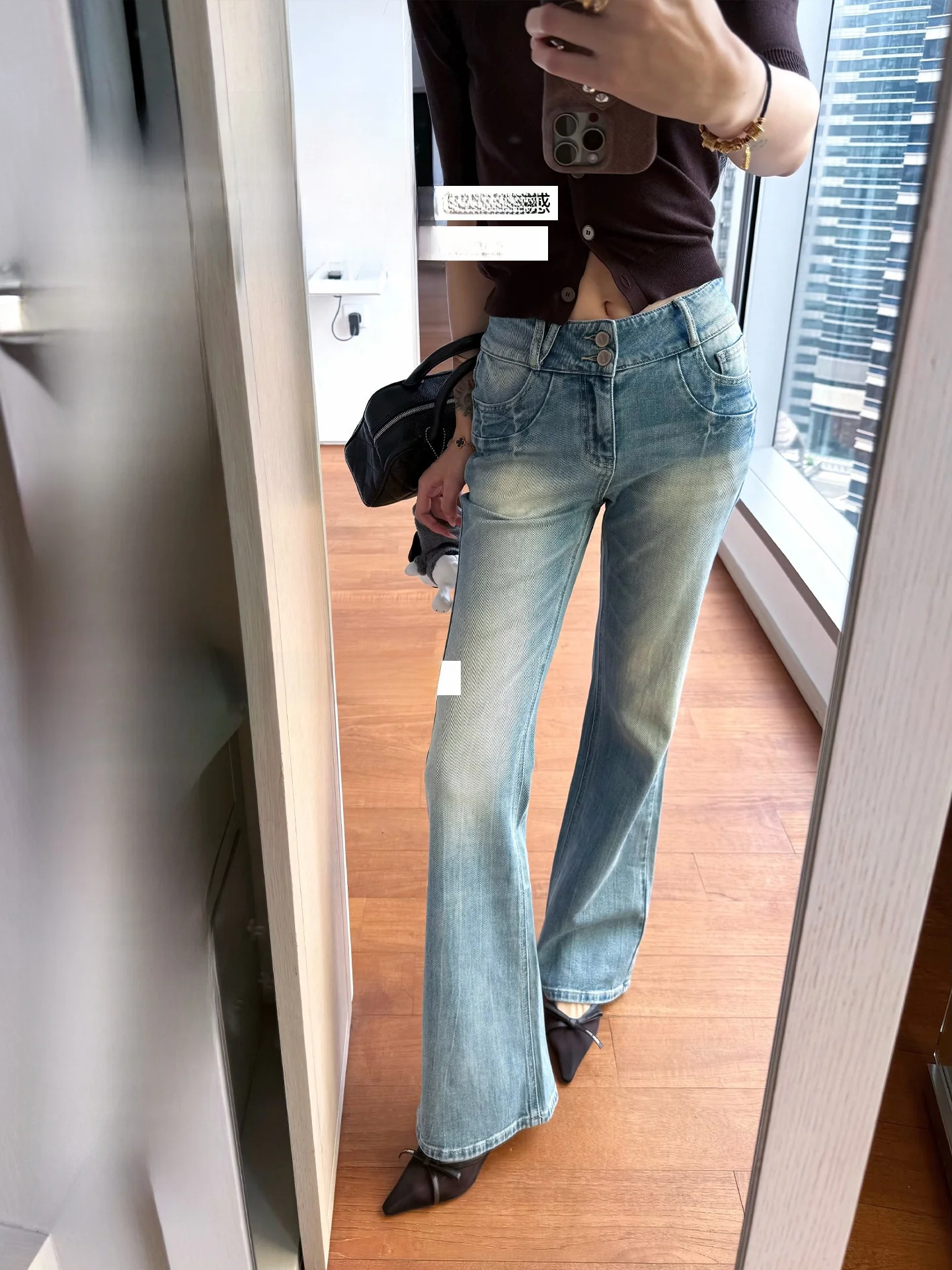 

Casual Washed Light Blue Bell Bottom Jeans Women's Summer Korean Style Cotton Stretchy Breathable Straight Leg Trousers