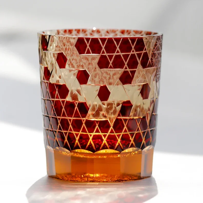 Hand Cut Lattice Pattern Vintage Amber Base Old Fashioned Glass Cups for Whiskey Brandy Cocktail Water