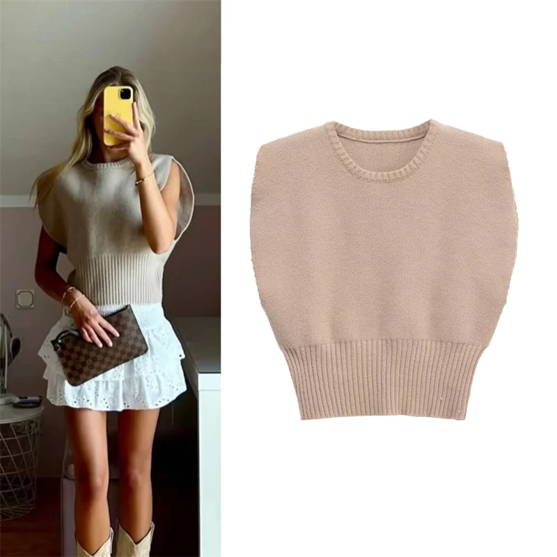 

Женский топ, осень 2024, новый стиль, хаки, без рукавов, с круглым вырезом, свободный вязаный жилет, повседневная мода, универсальный