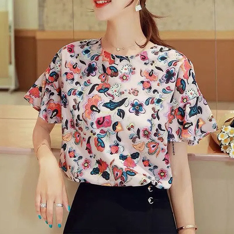 Women\'s 3D Floral Printed Ruffle Short Sleeve Sweet Chiffon Blouse Summer Trendy Loose Chic Tops All Match Casual Elegant Shirts