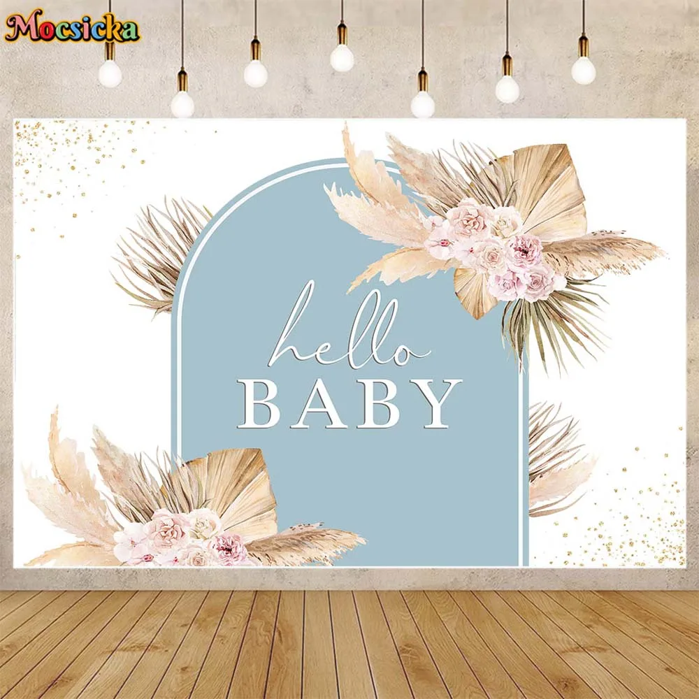 

Mocsicka Boho Baby Shower Backdrop Hello Baby Newborn Welcome Party Decor Pampas Grass Photography Background Photo Studio Props