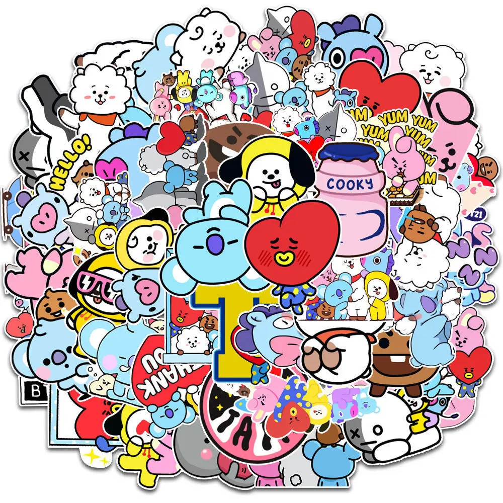 New Bt21 Stickers Waterproof Stickers Kawaii Anime Luggage Car Fridge Helmet Stickers Cute Cartoon Stickers 50Pcs/set