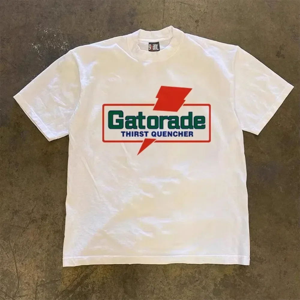 Retro impresso casual, gola redonda, manga curta, streetwear masculino, Gatorade, estilo férias, camiseta de algodão puro S-3xl