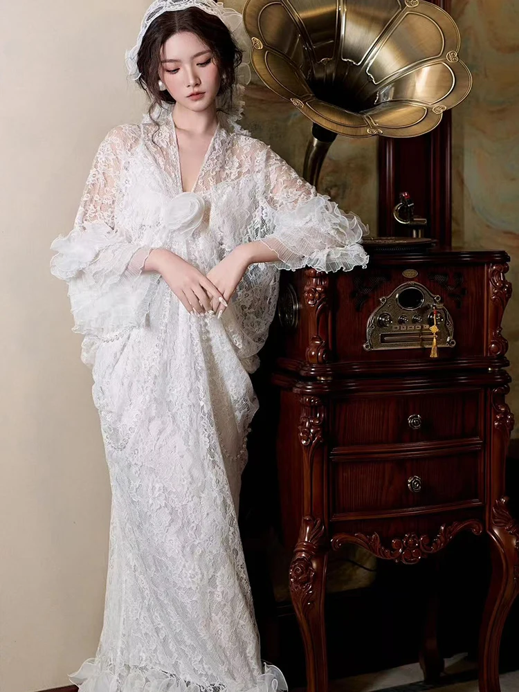 

Романтическое кружевное свадебное платье больших размеров для церемонии, корейское, с завышенной талией, длинная юбка, на одно плечо