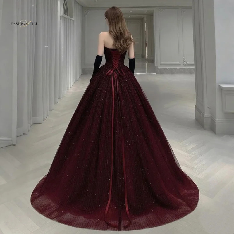 Customized Burgundy Beaded Ball Gown For Women's Formal Evening Gown Elegant Long Sheer Dress With Sparkling Sequins Ball Gown