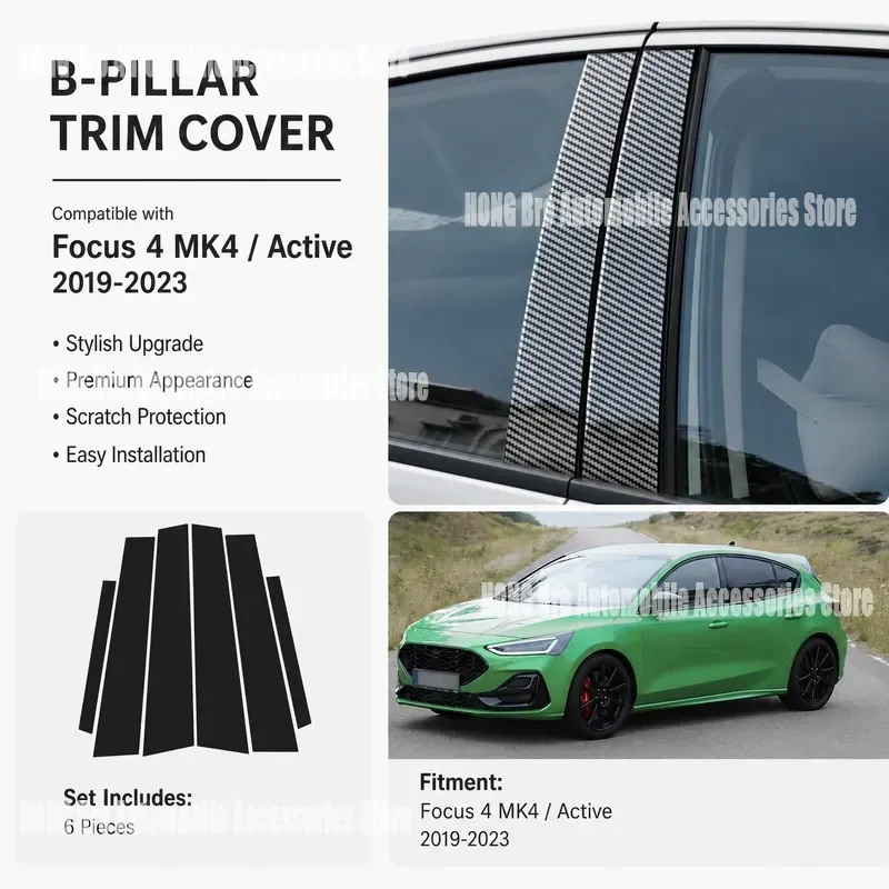 For Ford Focus 4 MK4 Active 2019-2023 Glossy Black Carbon Fiber B C Pillar Post Cover Trim Sticker Window Door Decoration
