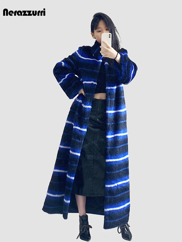 Nerazzurri Winter Extra Long Thick Warm Colorful Striped Fluffy Faux Mink Fur Coat Women High Quality Maxi Furry Overcoat 2023