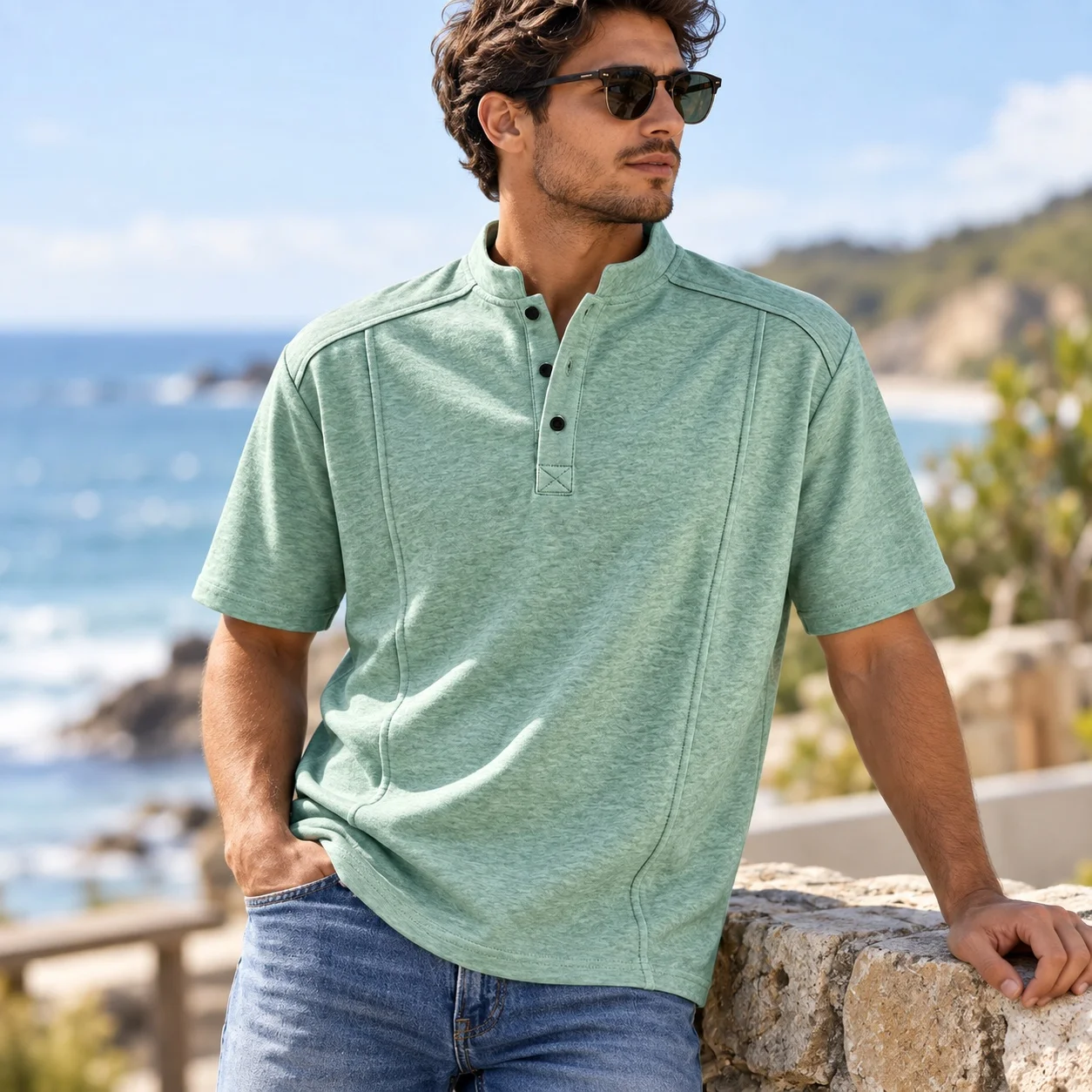 Short Sleeve Stand Collar Top Straight Fit Sporty Casual Pullover T Shirt Not Hooded Wrinkle Finish Daily Summer for Men