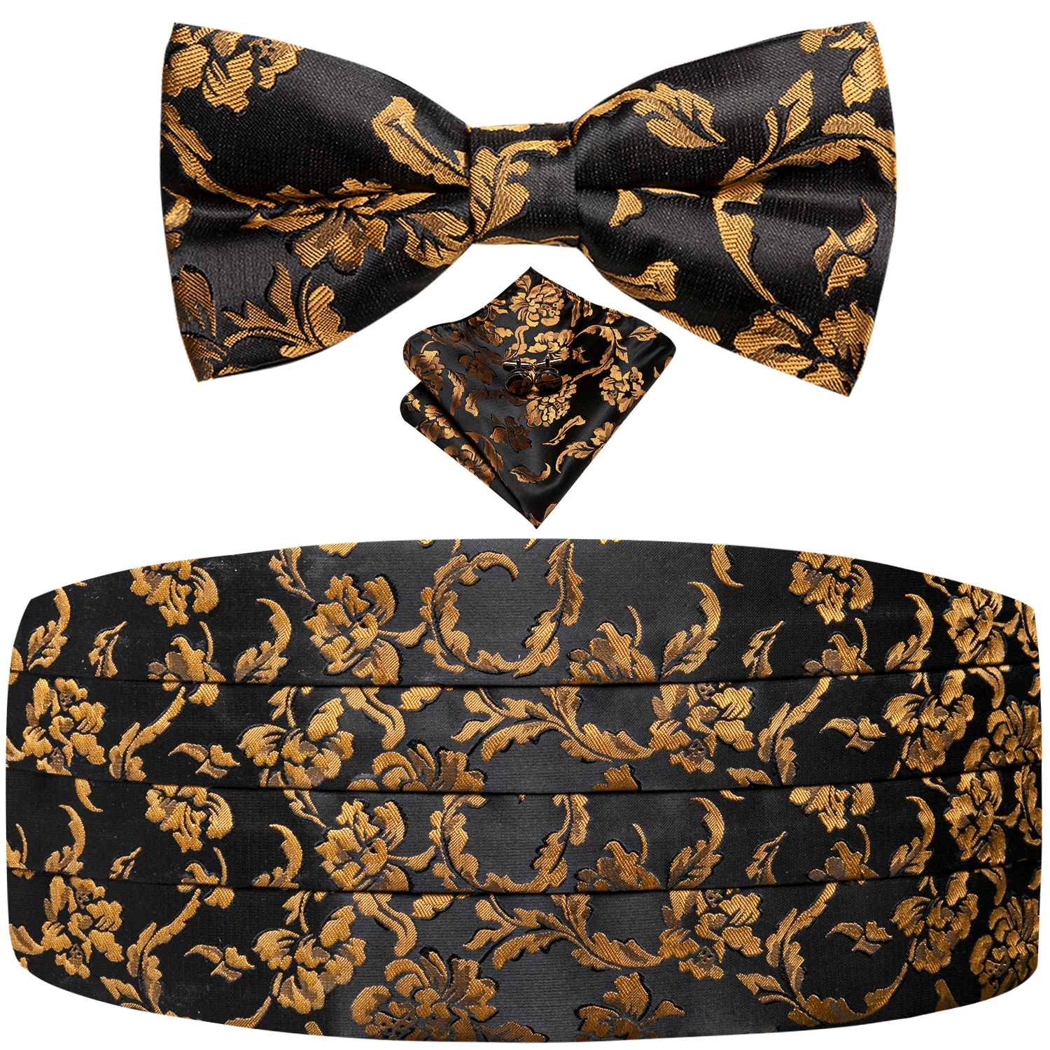 Hi-Tie Luxury Designer Black Gold Floral Cummerbund Bow tie Set Formal Tuxedo Corset Elastic Belt for Men Wedding Cummerbunds