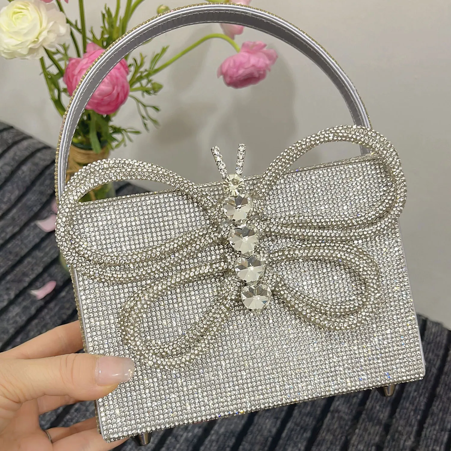 Luxury Designer Satin Diamond Square Bag Crystal Shiny Rhinestone Bow Evening Bag Dinner Party Bling Clutch Purse Shoulder Bag