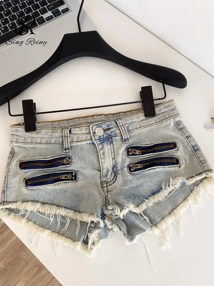 Edgy Denim Mini Shorts Summer  Raw Hem Petite Bodycon Spicy Girl Ladies Zipper Design Streetwear Sexy Retro Shorts