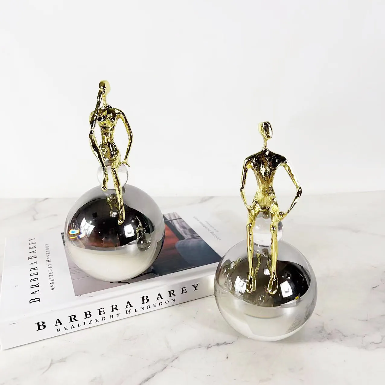 Metal Figure Sculpture Crystal Ball Ashy Staircase Transparent Glass Decorative Figurines Home Decoration