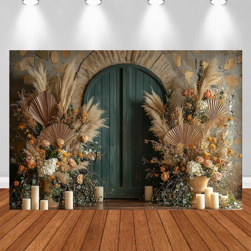

LS Memorial Day Photography Background Bohemian Arch Wooden Door Floral Pampas Grass Decor Adult Portrait Photo Backdrop Studio
