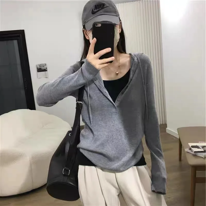 2023 New Women\'s Pullover Hooded Cashmere Sweater Spring and Autumn V-neck Lazy Style Versatile Fashion Cashmere Solid Color Pul