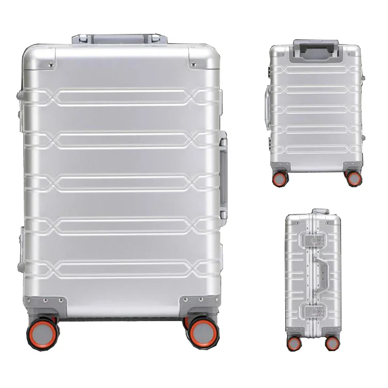 100% อลูมิเนียม-แมกนีเซียมกระเป๋าเดินทางแพคเกจ Solid Rolling Trunk รถเข็นกระเป๋าเดินทาง Carry-On Cabin กระเป๋าเดินทาง 20 24 29 นิ้ว