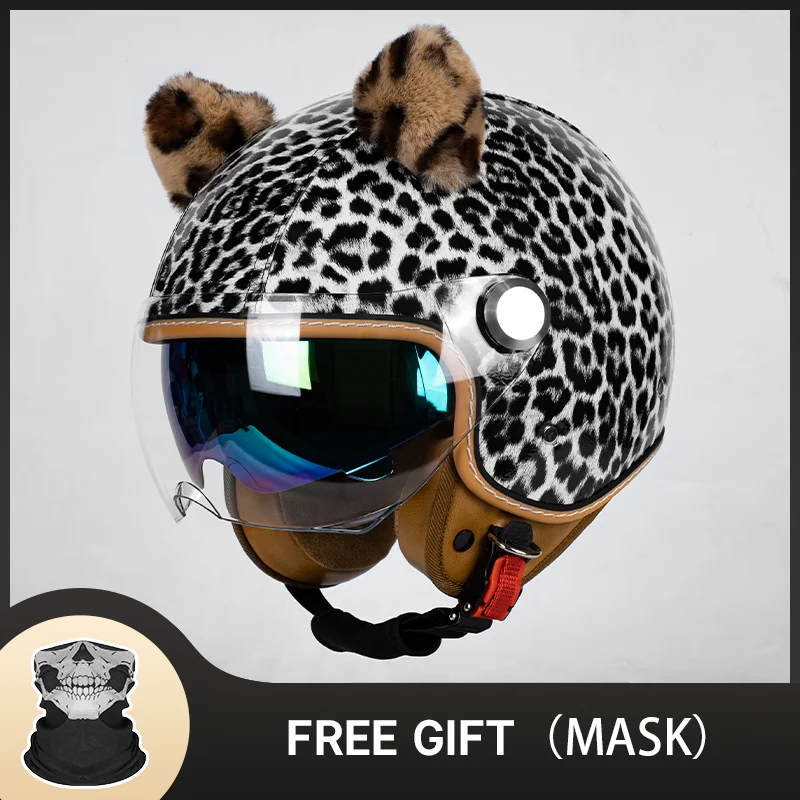 New White Leopard Print 3/4 Open Face Motorcycle Helmet with Cute Ears Eye-Catching Appearance Design for Women Riders Riding