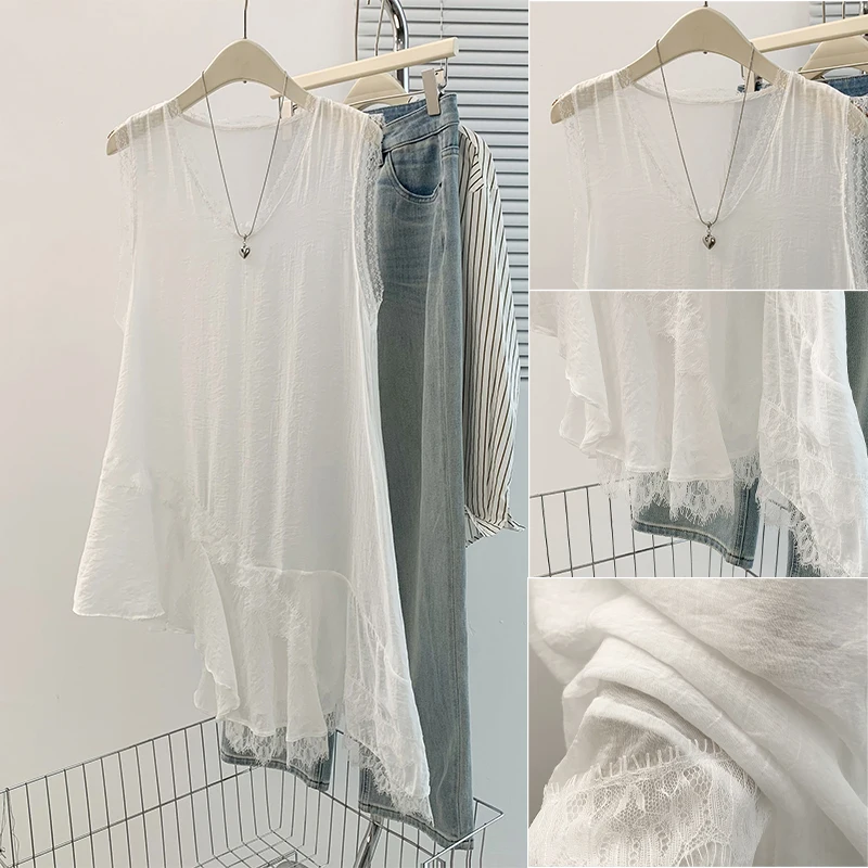 

Женская блузка без рукавов в французском стиле с кружевными вставками, асимметричная, дышащая, повседневная, летняя, тонкая, из смесового хлопка