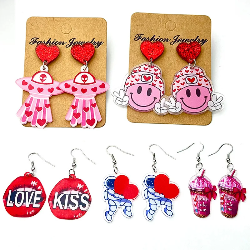 Fun Gesture Smiling Earrings Astronaut Spaceship Love Bow Ice Cream Temptation Red Lip Letter Valentine's Day Hanging Earrings