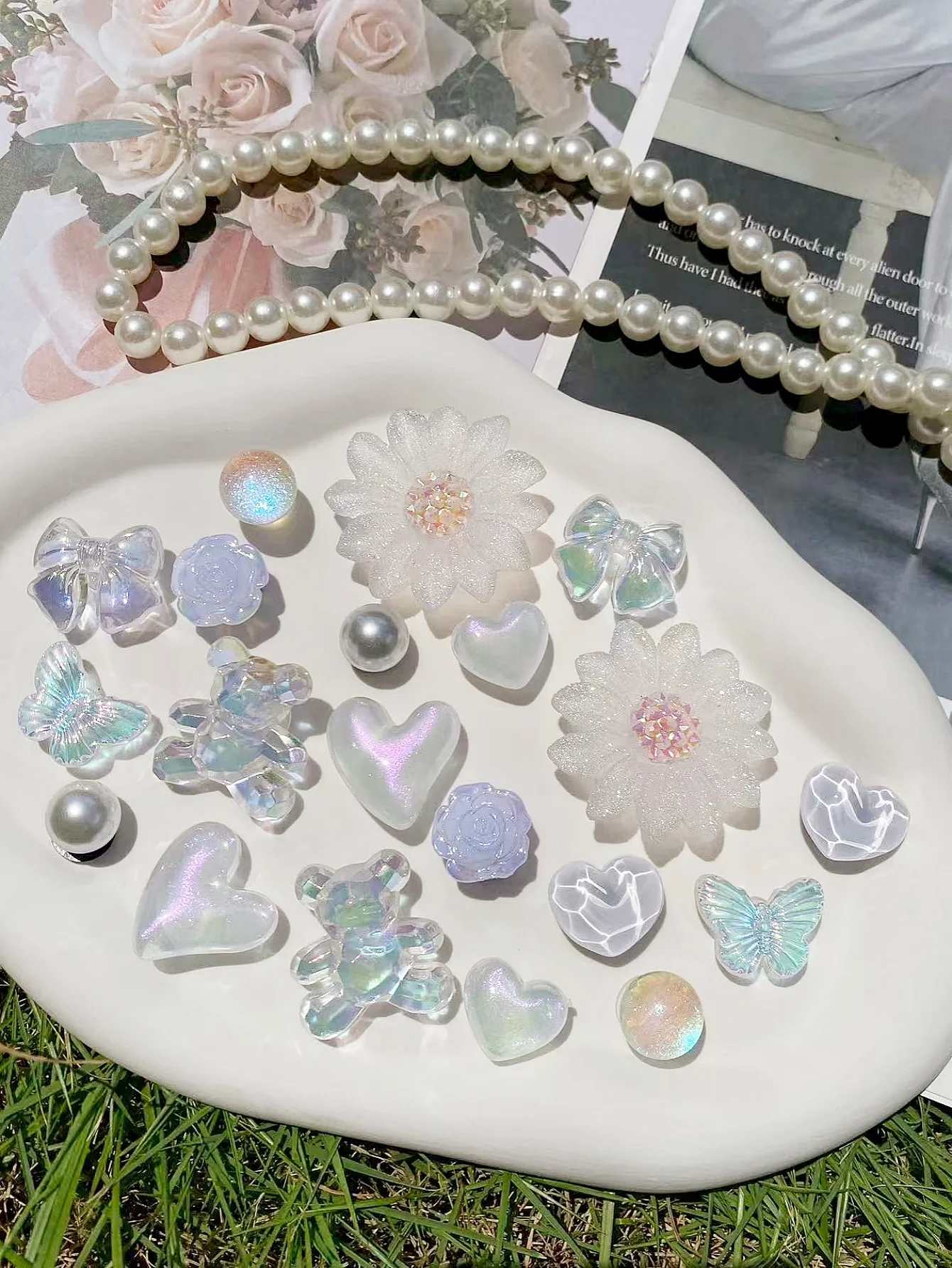 20 زهرة بيضاء، دب، قوس، تموج الماء، فراشة، لؤلؤ ABS، إبزيم حذاء دائري مطرز، ديكورات ذاتية الصنع، شو متعدد الوظائف #5