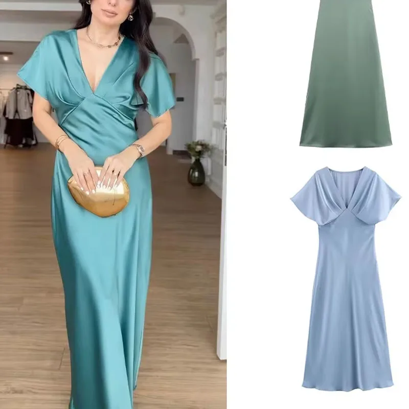 فستان نسائي صيفي موديل 2025 بأكمام قصيرة فستان ميدي مثير بياقة على شكل حرف v مطوي فساتين متينة للحفلات المسائية أنيقة 4 ألوان