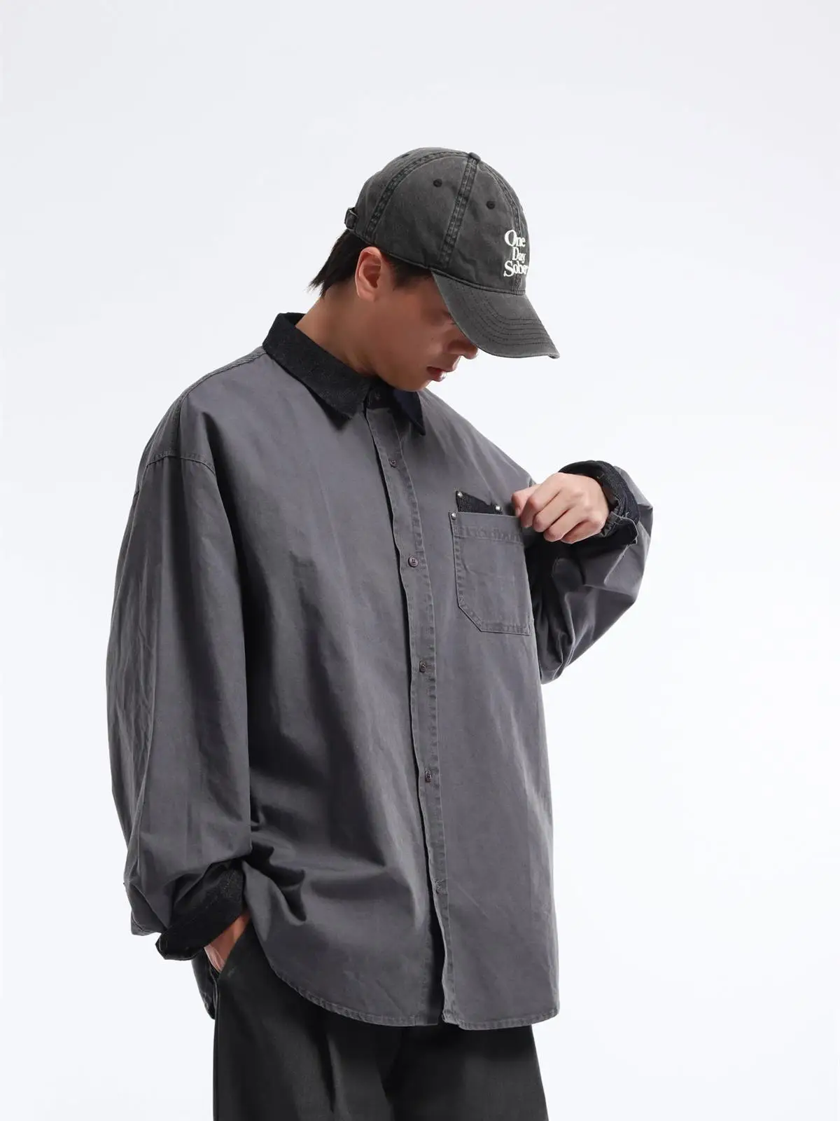 Washed Japanese Style Men's Loose Long Sleeve Work Shirt Retro Color Block Pocket Design Cotton Casual Shirt Autumn Fashion
