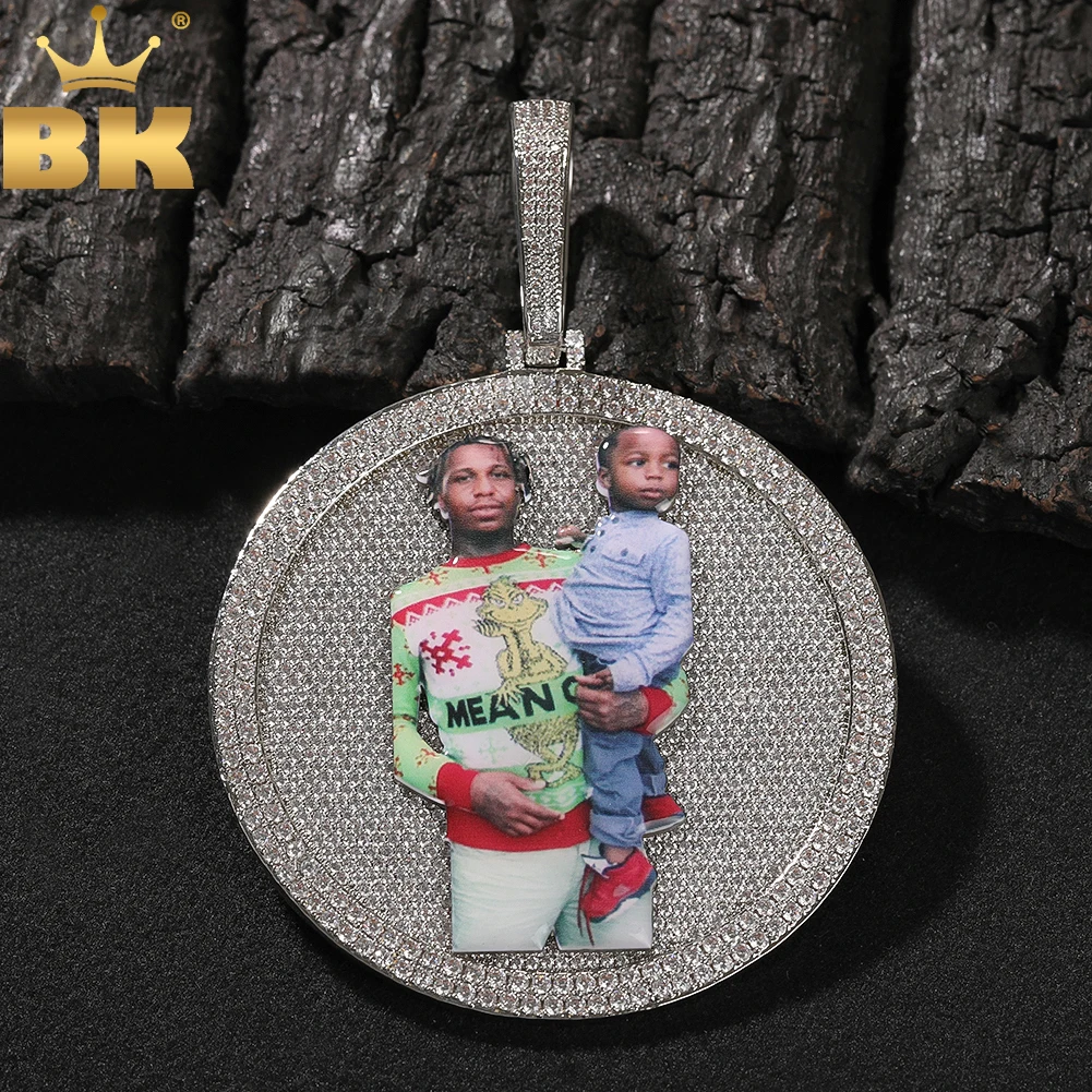 THE BLING KING Iced Out Round Medallion Custom Memory Photo Pendant Necklace Paved CZ Engrave Back Men Women Hiphop Jewelry
