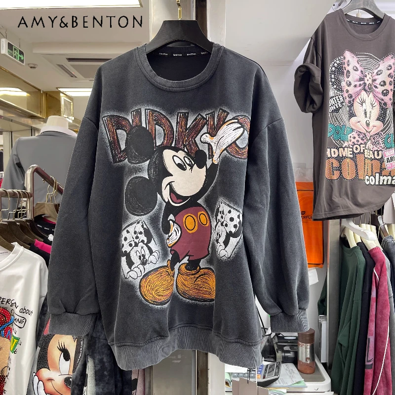 

Trendy Brand Autumn Winter Heavy Wash Cartoon Loose Hoodies Fashion Thickened Crew Neck Sweatshirt For Women's O-neck Sudaderas
