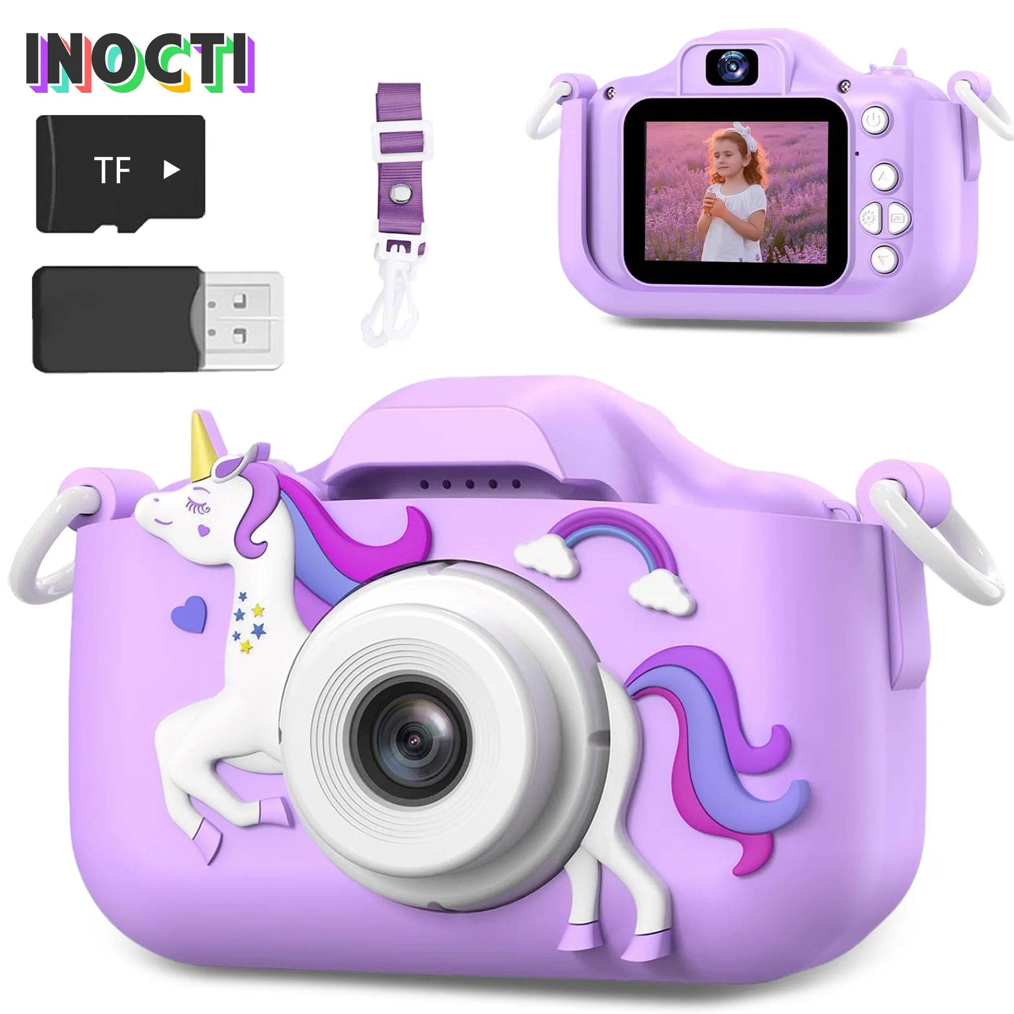 INOCTI Cámaras para niños, Serie de unicornios, Cámara para niños, Cámara de vídeo digital para niños pequeños, Juguetes para regalos de cumpleaños de Navidad de 3 a 8 años