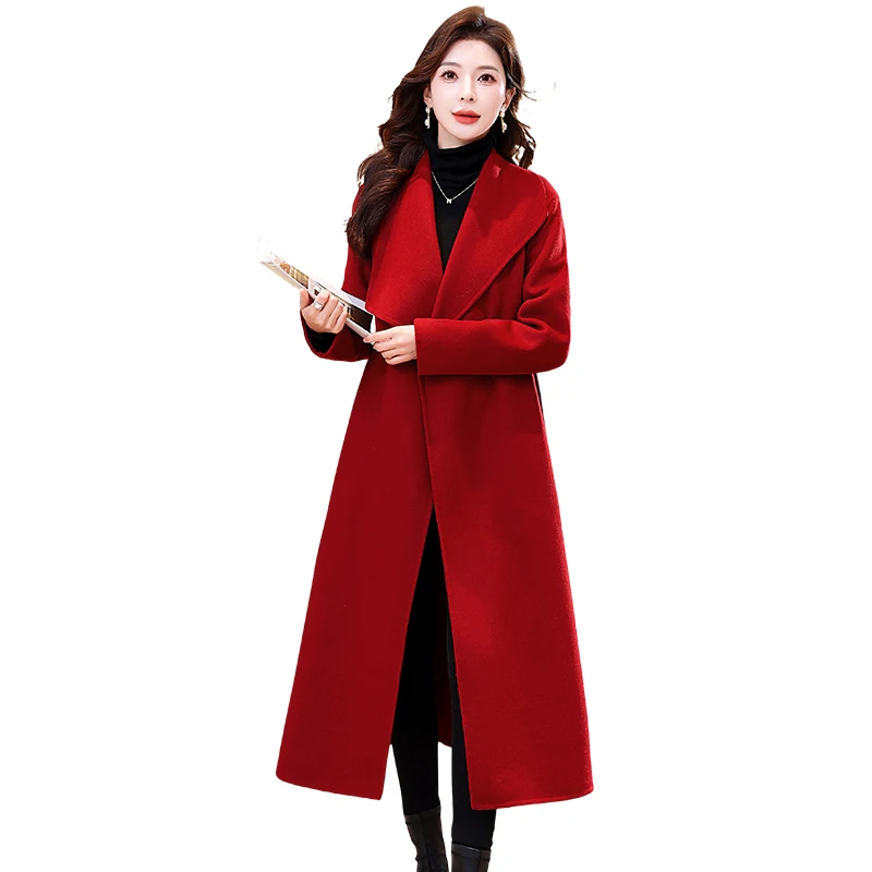 2026 Fashion Red Double-sided Wool Blends Coat Women's X-long Overcoat Autumn Winter Sashes Loose Woolen Outerwear Streetwear