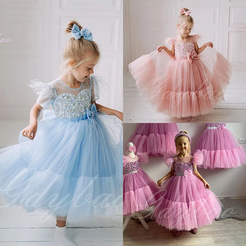 

Blue Beaded Flower Girl Dress For Wedding Puffy Tulle Feathers With Bow Princess Elegant Kids Party First Communion Ball Gown