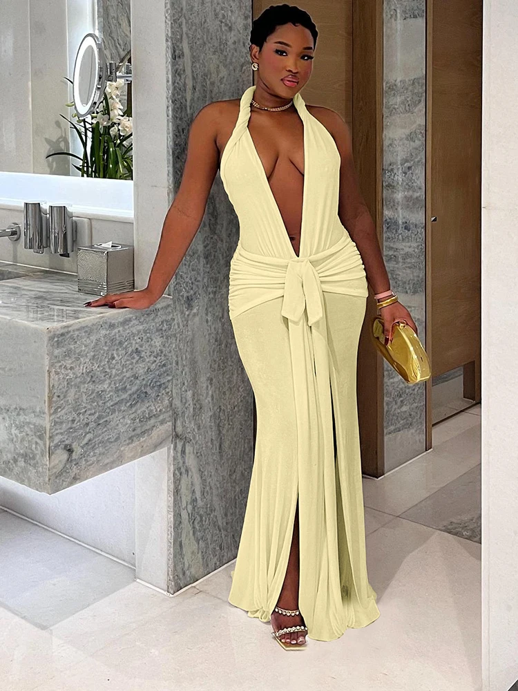 Macheda Sexy Halter Dress Women 2025 Summer Sexy V-Neck Thin Y2K Backless Knot Ribbon Birthday Party Peach Buttocks Long Bodycon