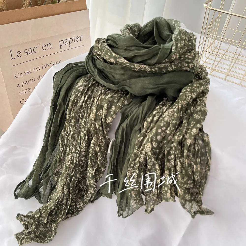 New Retro Artistic Cotton and Linen Pleats Thin and Versatile Shawl Small Floral Scarf Gauze Japanese Style Popular Lazy Style