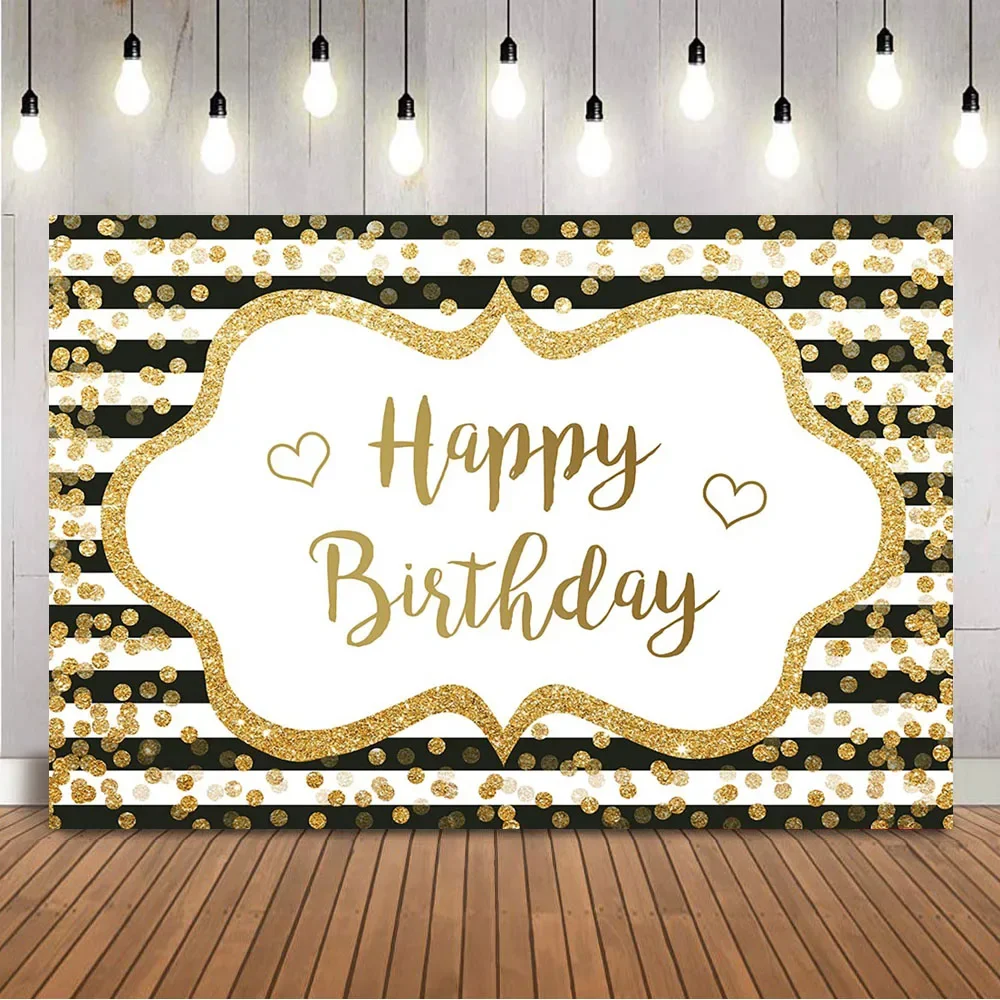 

Gold Glitter Stirpe Birthday Backdrop for Adult Theme Party Decorations Customize Happy Birthday Party Supplies Photocall Props