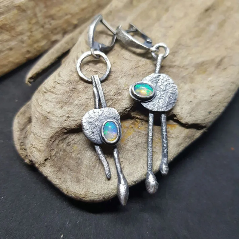 Female Dangle Earring Vintage Tribe Ethnic Hand Carving Asymmetry Metal Inlay Colorful Opal Stone Earrings For Womens Jewelry