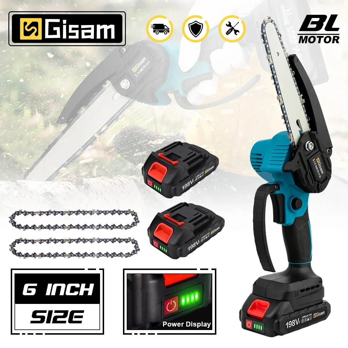 Gisam 3000W Brushless 6 inch Electric Saw Cordless Rechargeable Pruning Saw Woodworking Garden Chainsaw For Makita 18V Battery