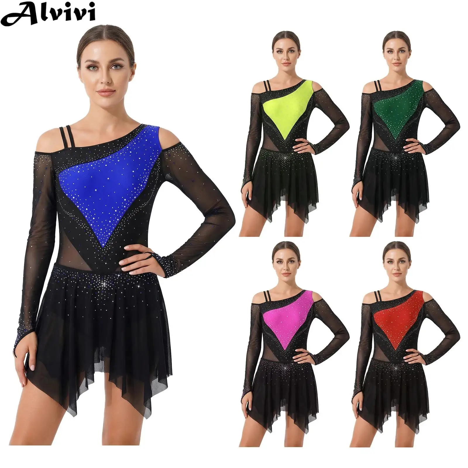 

Женское платье для фигурного катания с длинным рукавом и стразами, сетчатое трико, платье для лирических танцев, гимнастики, акробатики, балета