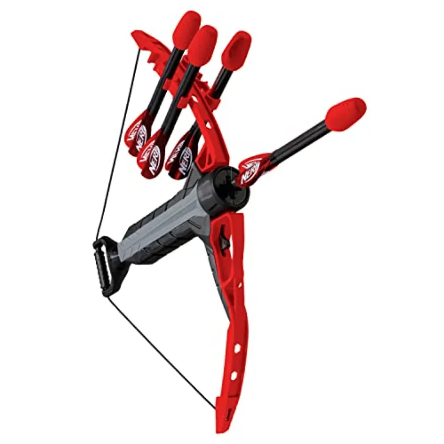 

Indoor and outdoor play: plastic bow with soft foam arrows, blue and orange, air-powered launch for safe kids' archery fun