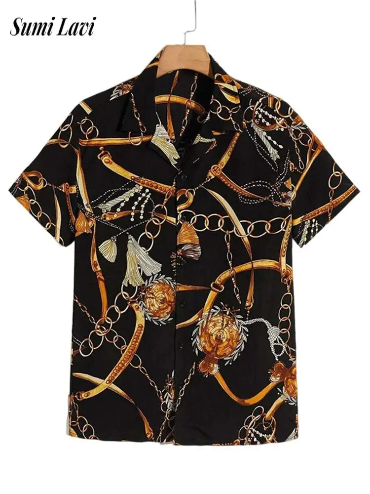 

Luxury Chain Printing Mens Shirts 2026 Summer Casual Turn-down Collar Buttoned Shirt Tops Men Vintage Short Sleeve Loose Shirts
