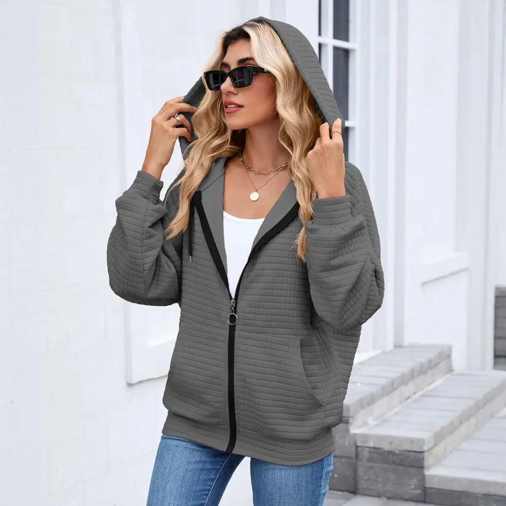 Women Zip-Up Waffle Hoodie, Fall Winter Waffle Hoodie Casual Sweatshirt with Pockets, Solid Color Drawstring Hooded Jacket