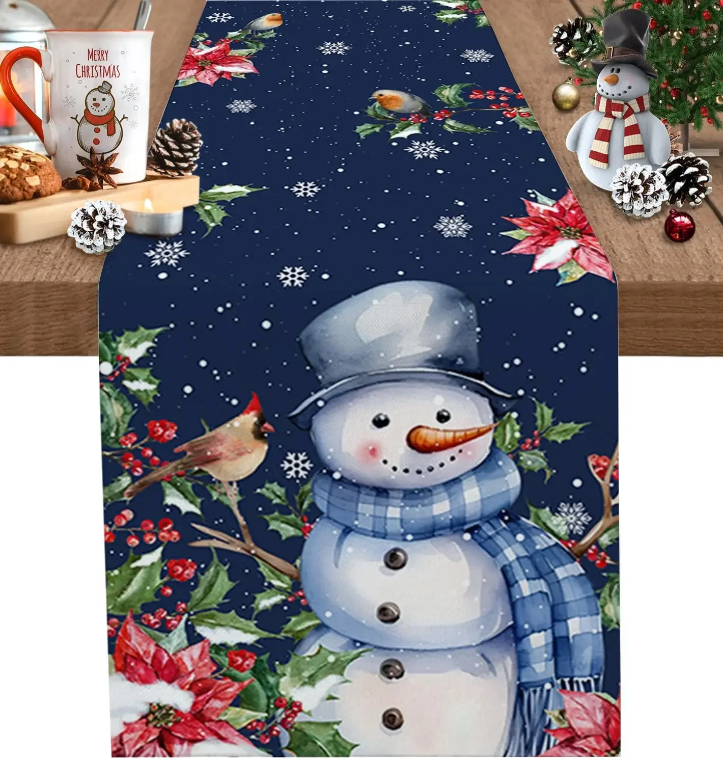 Christmas Snowman Poinsettia 2026 Table Runner Party Decor Winter Xmas Snowflake Kitchen Table Runner Christmas Decorations