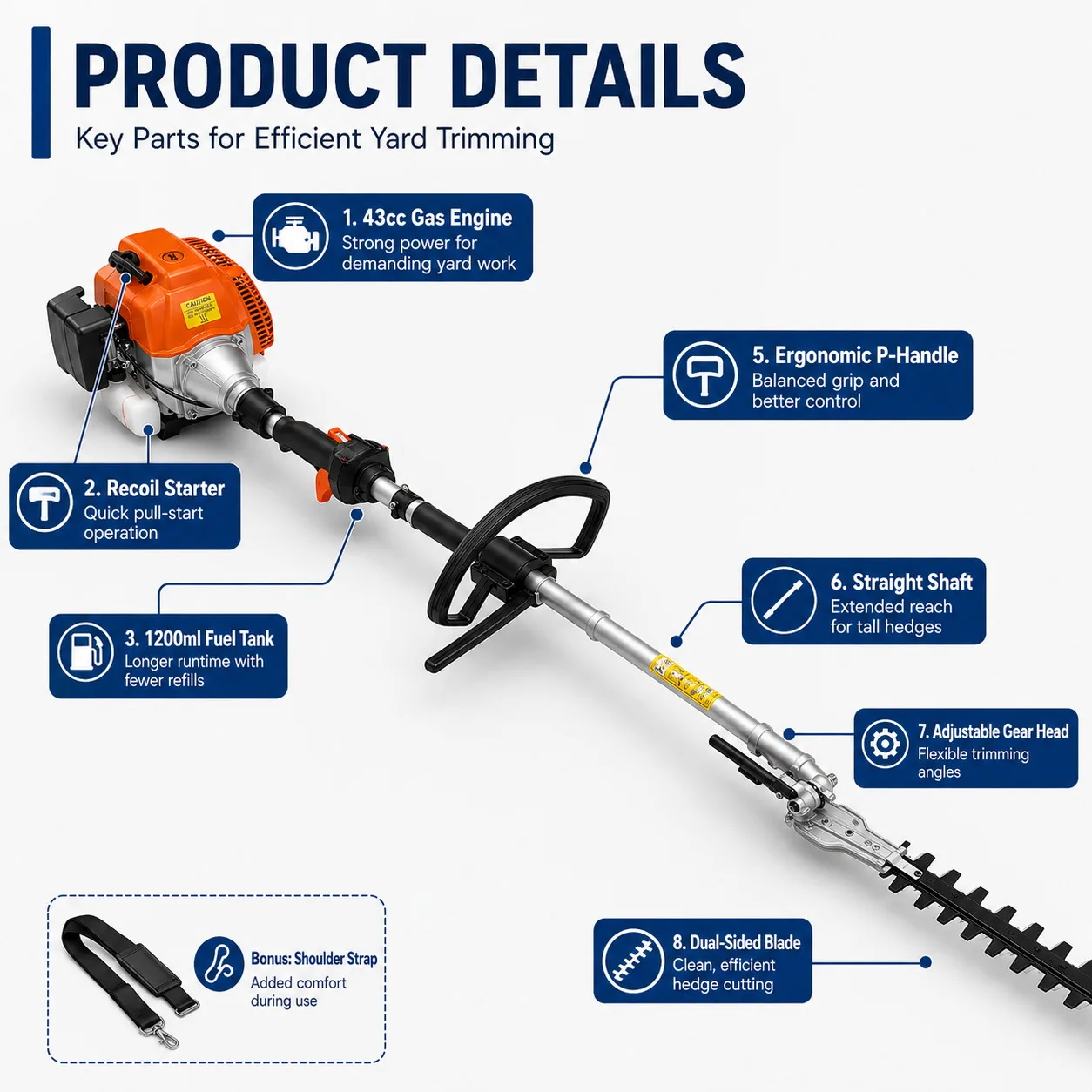 43cc 4-in-1 Gas Hedge Trimmer – Long-Reach Pole Trimmer with Adjustable Cutting Head, Brush Cutter & Quick-Connect Attachments 8