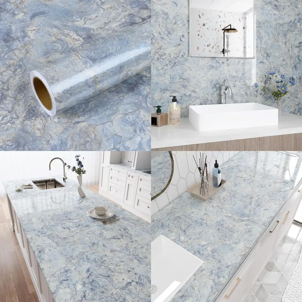 Papel de bancada de mármore azul, casca e bastão à prova d'água, 32x354 polegadas, revestimento decorativo autoadesivo para contadores de cozinha