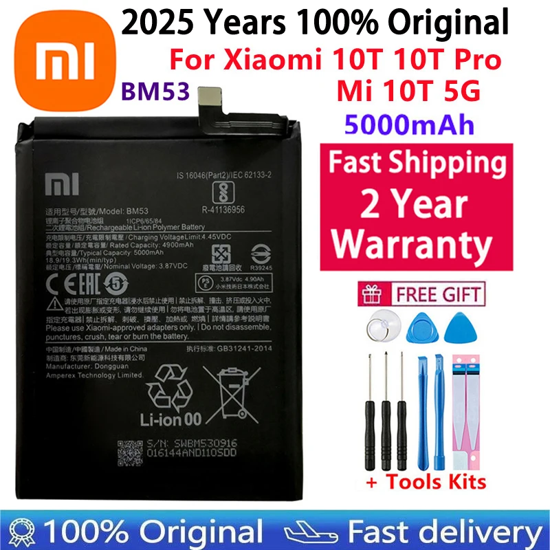 

2025 Years 100% Origina Replacement Battery BM53 For Xiaomi 10T 10T Pro Mi 10T 5000mAh BM53 Batteries Bateria+Fast Shipping