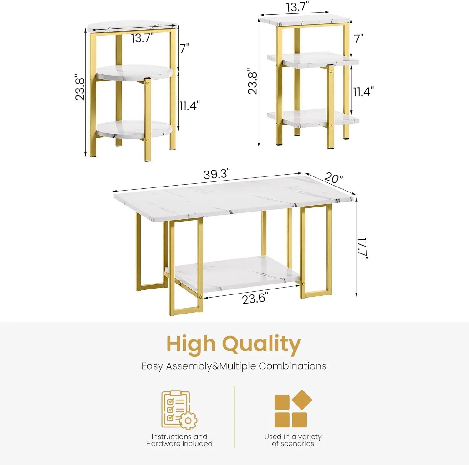 Lamerge Coffee Table Set Of 3,Rectangle Coffee Table&2 Accent Table,Faux Marble Tabletop,3 Piece Living Room Table Sets With