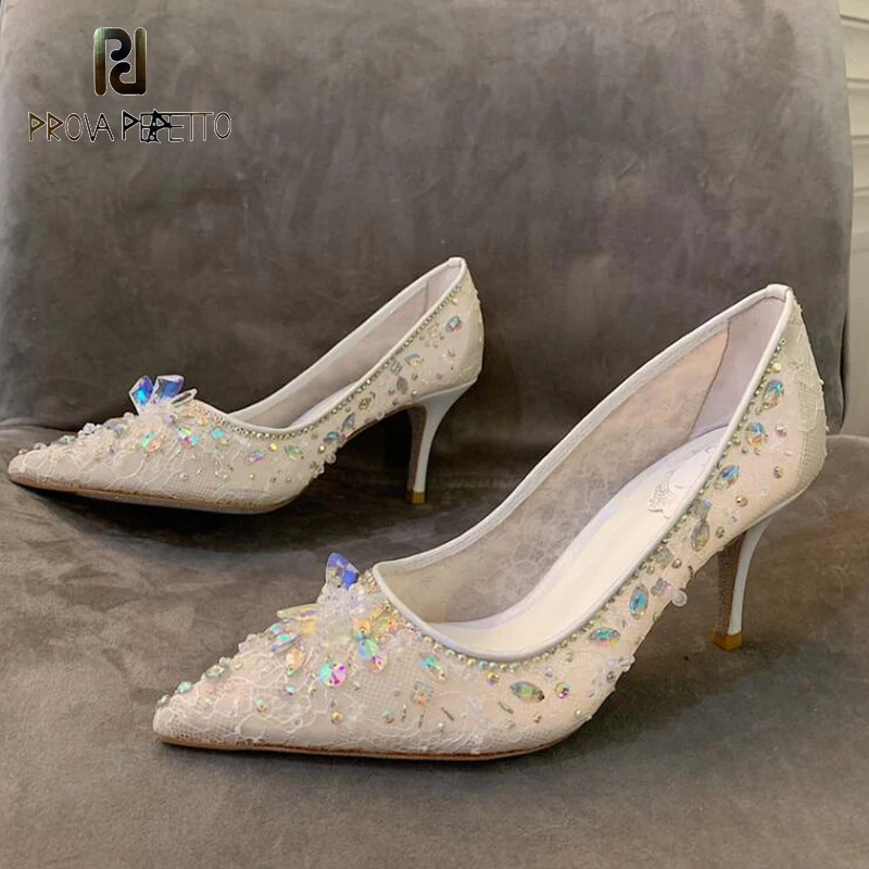 

7.5cm Thin Heel Ladies Wedding Shoes Lace Diamond Slip on Vogue Pumps Shoes Spring Summer Single Shoes for Female High Quality