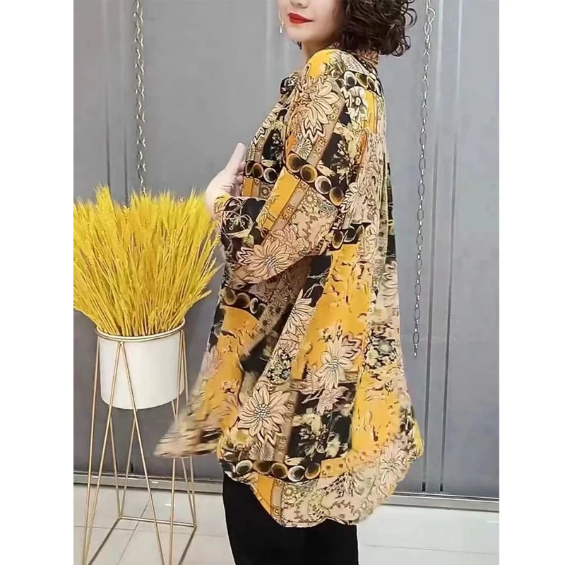 Middle Aged Women\'s Clothing 2024 Summer Fashion Floral Print Shirt Lapel 3/4 Sleeve Oversize Blouse Ladies Irregular Tunic Tops