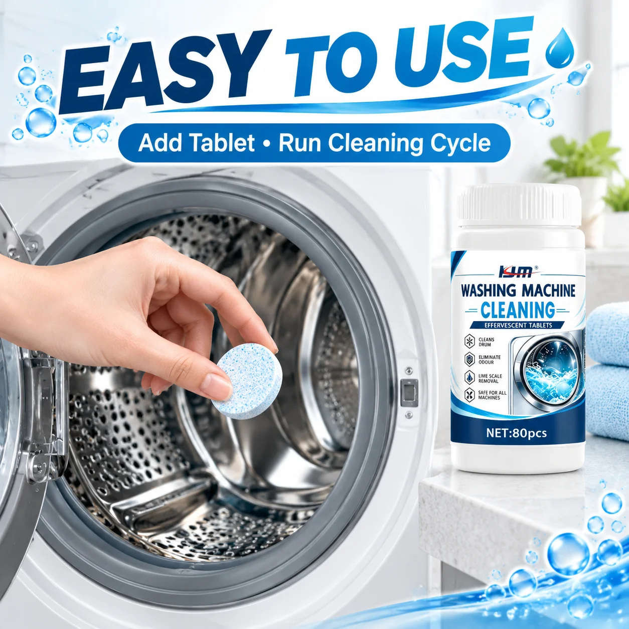 KJM Washing Machine Cleaner Tablets 80PCS, Effervescent Drum Care For Front And Top Load Washers, Odor And Limescale Removal