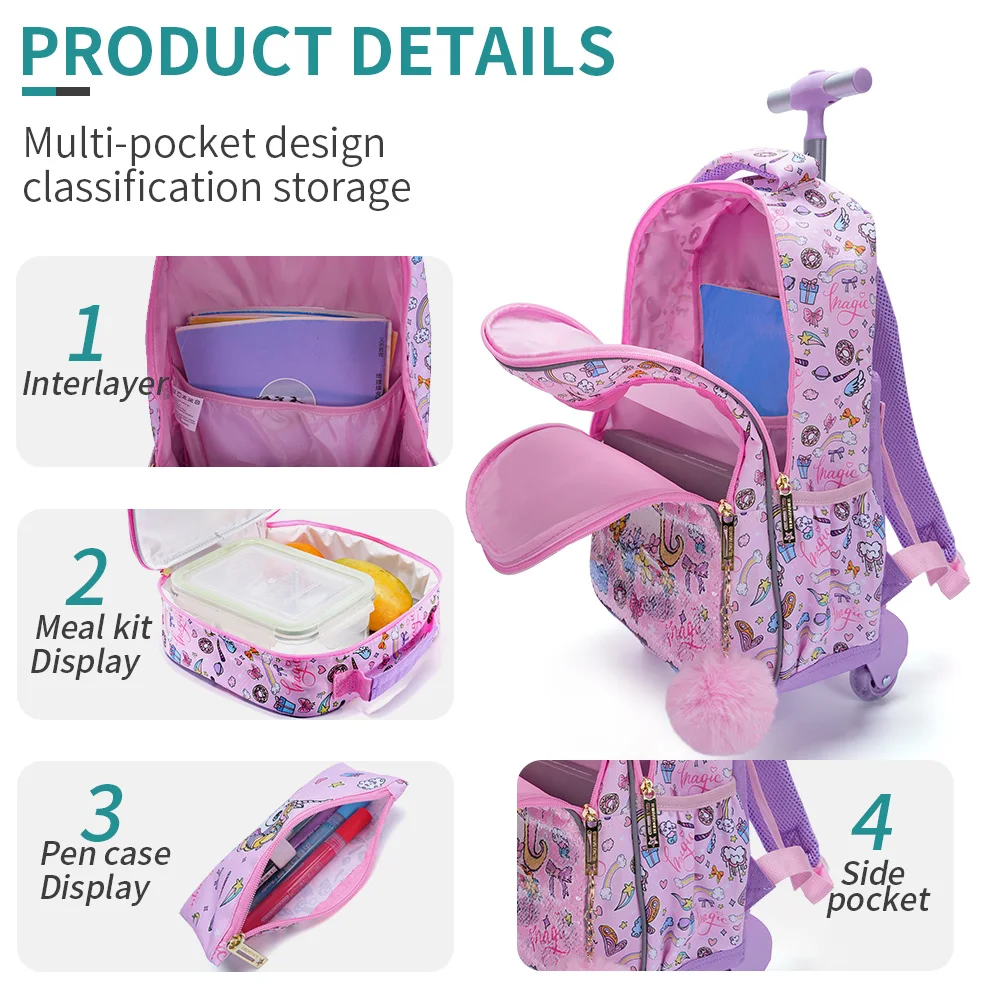 3PCS set Rolling Backpack For Girls Kids Wheeled School BookBag With Lunch And Pen Bag Pink Unicorn Cute sequin Glow-in-the-dark