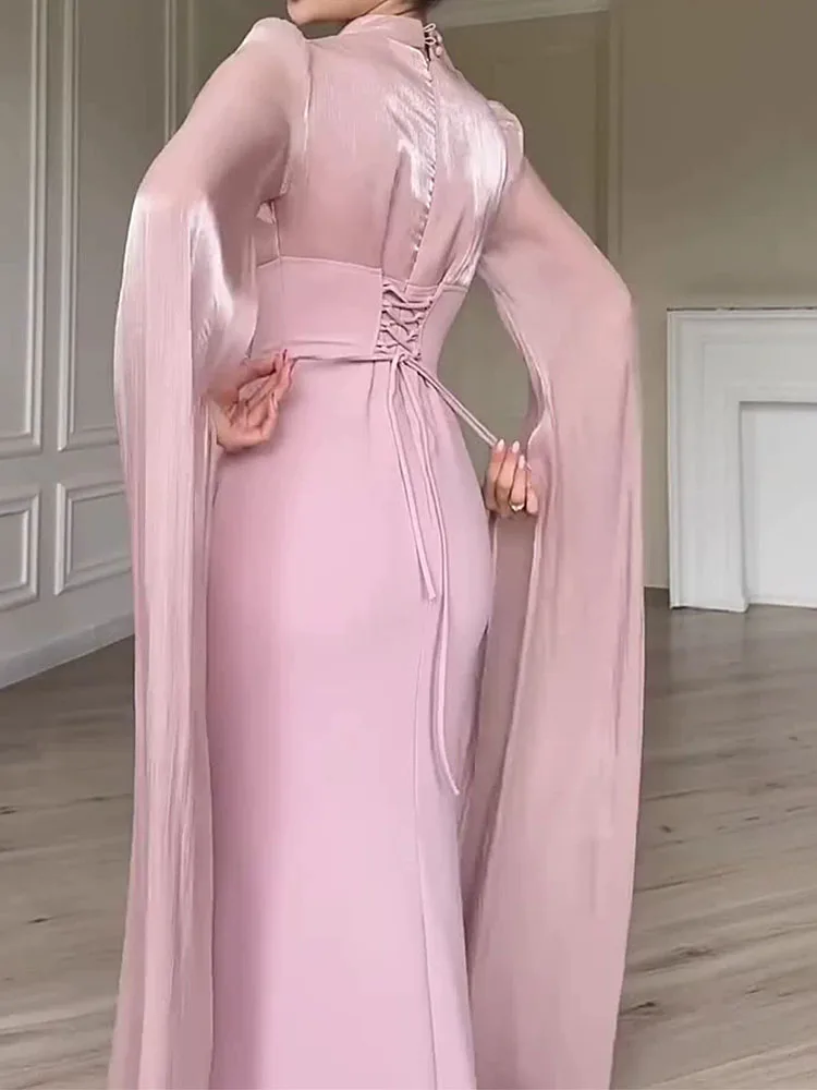 Temperament Bandage Wrap Hüften Kleider Sexy Oansatz Split Sleeve Satin Schlank Roben Elegante Gefaltete Hohe Taille Solide Abendkleid